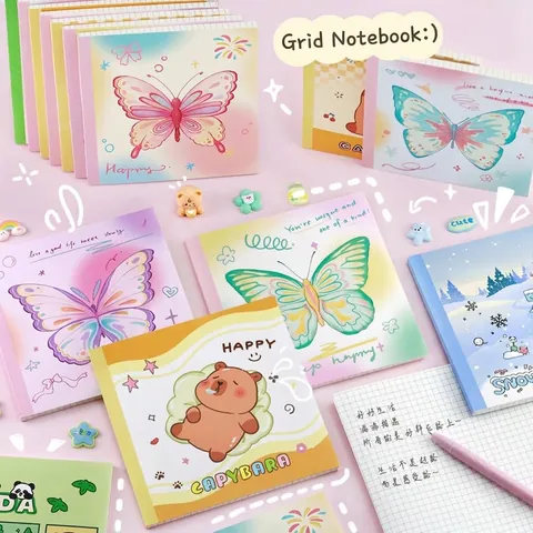 Cute Cartoon Butterfly Panda Capybara Pattern Grid Notebook Softcover Journal Memo Pad For Students School Office Recording