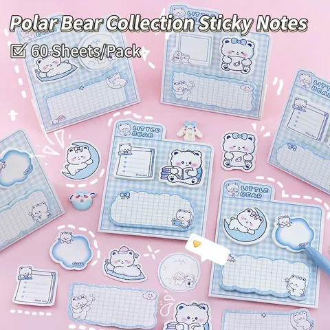Cartoon Bear Sticky Notes Memo Pads Set Cute Plaid Pattern Paper Self-Adhesive Note Paper For School Office Students Stationery Gift