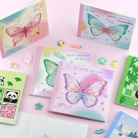 Cute Cartoon Butterfly Panda Capybara Pattern Grid Notebook Softcover Journal Memo Pad For Students School Office Recording