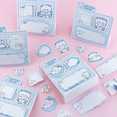 Cartoon Bear Sticky Notes Memo Pads Set Cute Plaid Pattern Paper Self-Adhesive Note Paper For School Office Students Stationery Gift