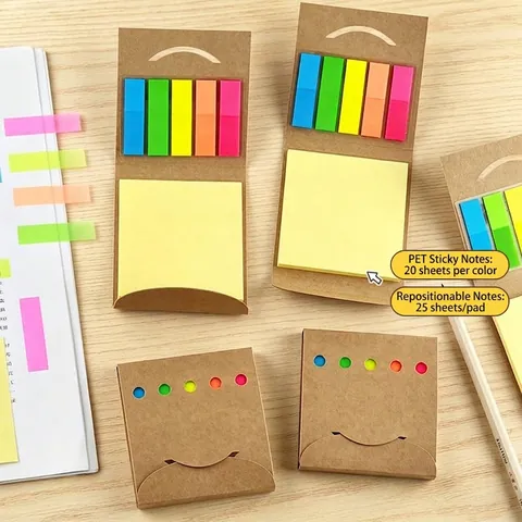 Kraft Paper Sticky Note Set With Multicolor PET Index Tabs Smile Face Cut-out Folding Memo Pad For Office School Study Stationery