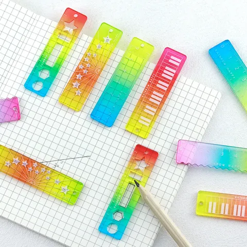 Mini Rainbow Gradient Acrylic Ruler Portable Candy Color Multifunctional Straight Ruler Wave Edge Angle Drawing Template Stationery