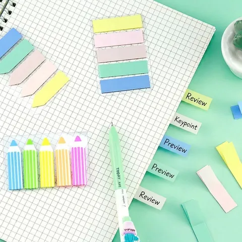 PET Morandi Colored Index Tabs Translucent Waterproof Sticky Notes Arrow Pencil Shape Page Marker Labels For School Office Stationery