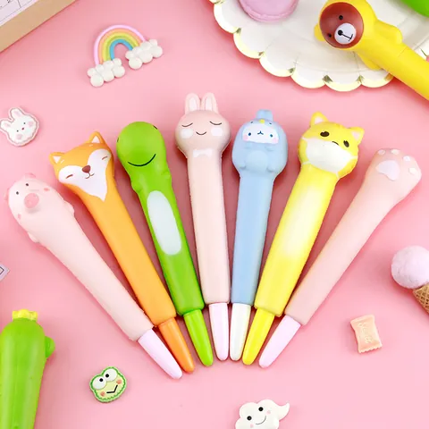 Cute Squishy Gel Pen Slow Rebound Cartoon Animal Soft Stress Relief Writing Pen for Students Reward Carrot Cat Paw Pig Unicorn Corgi Stationery Gift