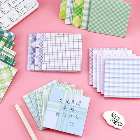 Ins Style Plaid Grid Pattern Sticky Notes Macaron Color Self Adhesive Memo Pads For Journaling School Office Paper Stationery