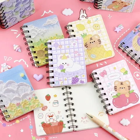 Cartoon Animal Oil Painting Pocket Coil Notebook Mini Portable Blank Page Diary For Student School Office Supplies Stationery