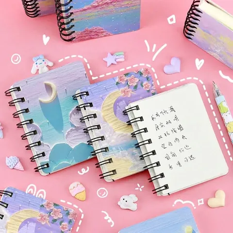 A7 Oil Painting Style Spiral Notebook Mini Pocket Notepad With Blank Inner Pages Artistic Starry Sky Journal For Students School Office Stationery