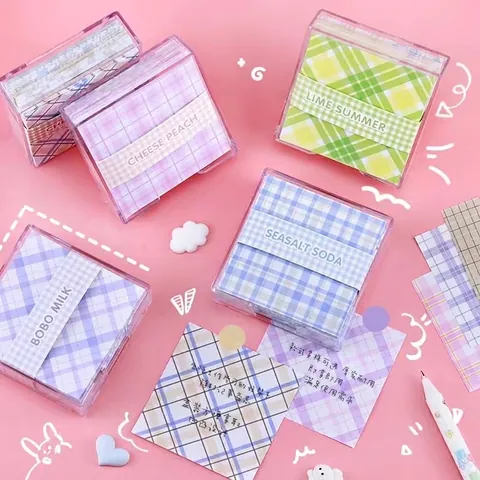 Ins Stijl Geruit Grid Textuur Memoblokken Niet Klevend Briefpapier Materiaal Met Transparante Opbergdoos Voor DIY Journal