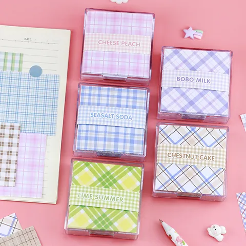 Ins Stijl Geruit Grid Textuur Memoblokken Niet Klevend Briefpapier Materiaal Met Transparante Opbergdoos Voor DIY Journal