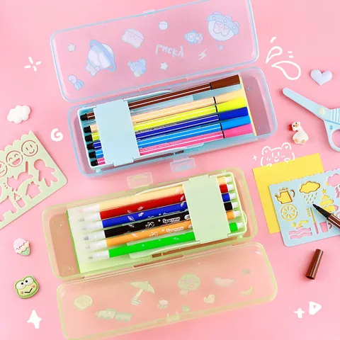 Kids Cartoon Stationery Set Plastic Pencil Case With Watercolor Pens Scissors Drawing Template School Award Gift For Students