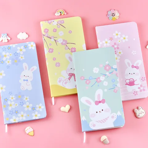 Cute Cartoon Rabbit Hardcover Notebook Portable Mini Student Journal Diary With Bookmark Lined Pages School Office Stationery