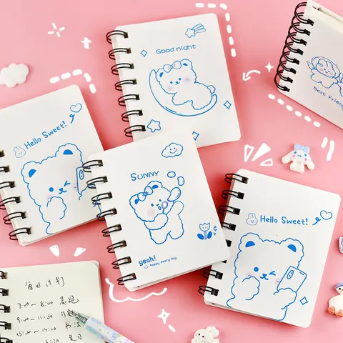 Mini Cuaderno de Espiral de Oso Blanco de Dibujos Animados Diario de Bolsillo Portátil para Estudiantes Bloc de Notas de Papel