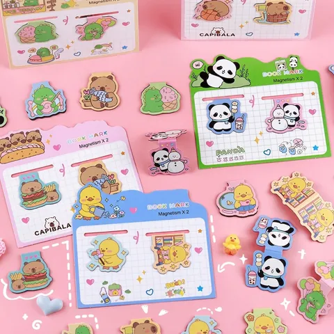 2Pcs Cute Cartoon Capybara Magnetic Bookmarks Panda Dinosaur Duck Book Page Markers For Students Office Reading Accessories Kids Gift