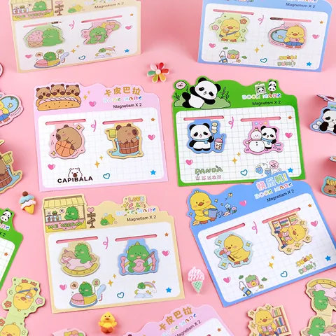 2Pcs Cute Cartoon Capybara Magnetic Bookmarks Panda Dinosaur Duck Book Page Markers For Students Office Reading Accessories Kids Gift