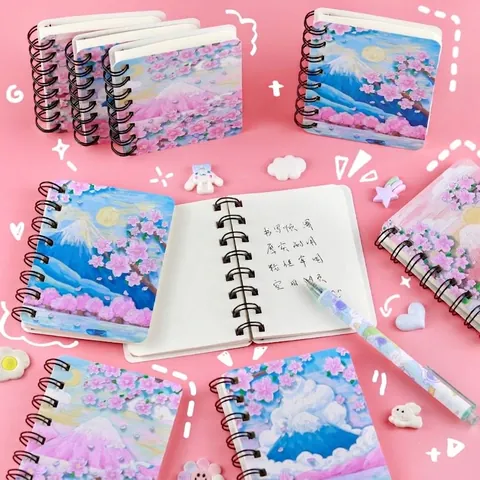 Cuaderno de Espiral de Dibujos Animados A7 Ilustración Monte Fuji Flor de Cerezo Estilo Pintura al Óleo Diario de Bolsillo Páginas en Blanco Suministros Escolares