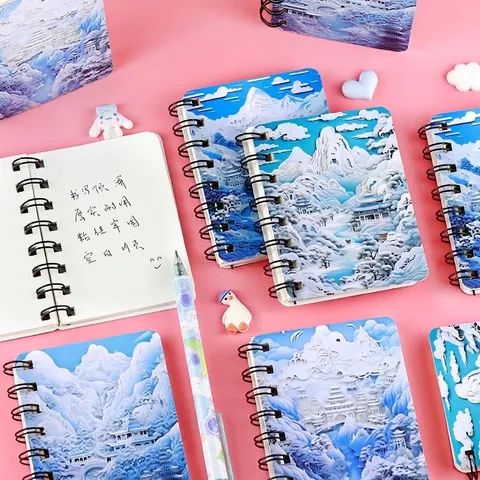 Cuaderno de Espiral Estilo Chino Diseño de Talla de Papel 3D Mini Bloc de Notas de Bolsillo Páginas en Blanco Diario de Paisaje