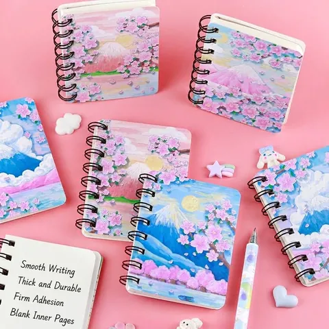 Cuaderno de Espiral de Dibujos Animados A7 Ilustración Monte Fuji Flor de Cerezo Estilo Pintura al Óleo Diario de Bolsillo Páginas en Blanco Suministros Escolares