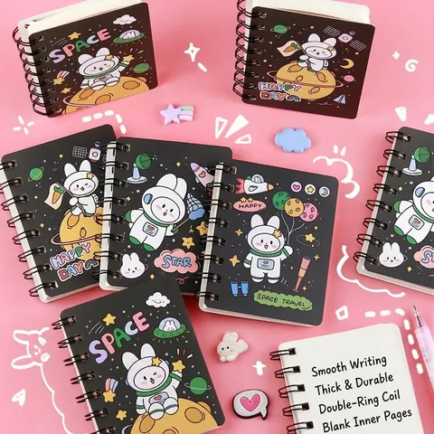 Cartoon Space Rabbit Mini Spiral Notebook Pocket Memo Pad Blank Inner Pages Portable Student Diary Stationery Gift