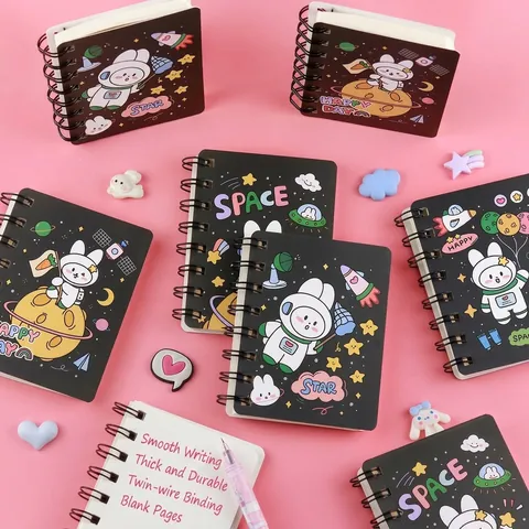 Cartoon Space Rabbit Mini Spiral Notebook Pocket Memo Pad Blank Inner Pages Portable Student Diary Stationery Gift