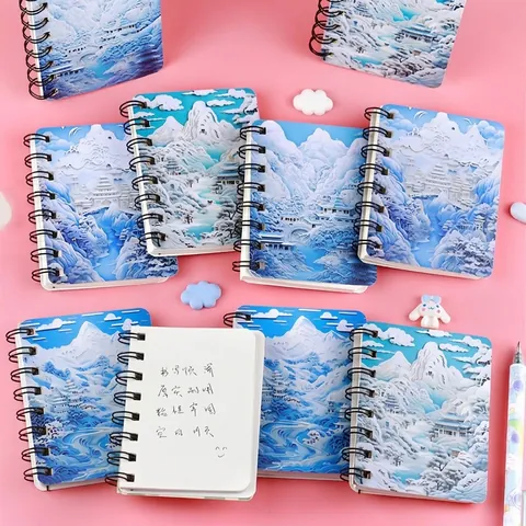 Cuaderno de Espiral Estilo Chino Diseño de Talla de Papel 3D Mini Bloc de Notas de Bolsillo Páginas en Blanco Diario de Paisaje