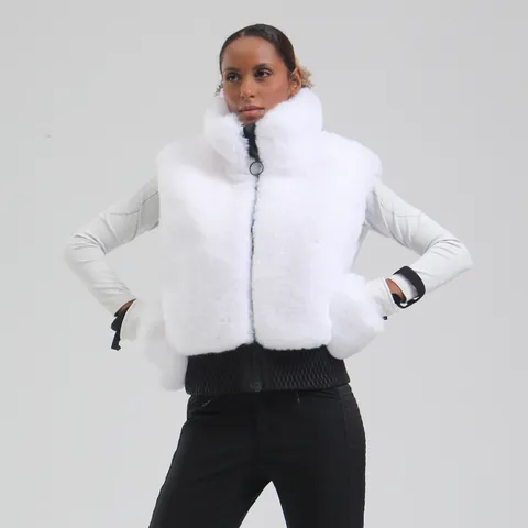 Gilet de Ski en Fausse Fourrure pour Femmes Coupe-vent Sans Manches Veste d'Hiver Mode Extérieur Sports de Neige Couleur Unie Chaud Haut