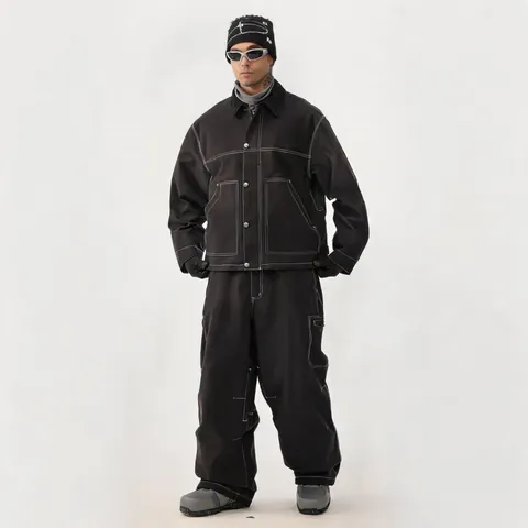 Tuta da Sci Workwear Vintage da Uomo con Cuciture a Contrasto Giacca e Pantaloni da Snowboard Imbottiti Antivento Impermeabile