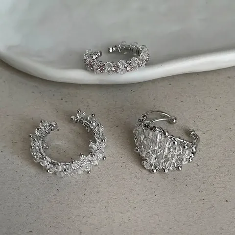 Anillo Abierto de Cuentas Transparentes Moderno para Mujer Anillo de Dedo de Estrás Multicapa Plateado Accesorios de Joyería Geométrica