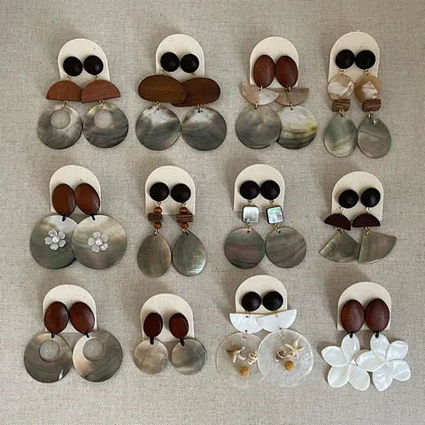 Vintage Muschel Holz Patchwork Ohrstecker Böhmische Geometrische Runde Hängeohrringe Für Damen Handgefertigter Einzigartiger Schmuck