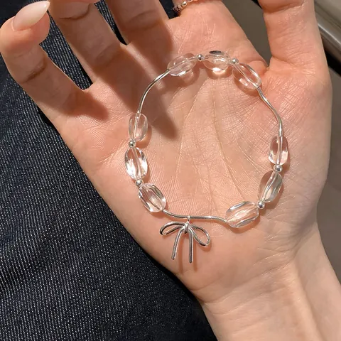 Dolce Braccialetto di Perline Trasparenti alla Moda per Donna Elegante Ciondolo a Fiocco in Metallo Catena a Mano Gioielli Accessorio Versatile