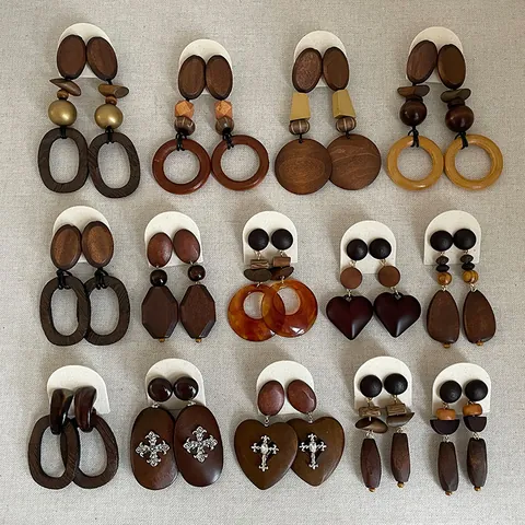 Retro Wood Patchwork Geometric Drop Earrings For Women Bohemian Ins Style Large Statement Earrings Jewelry Accessory