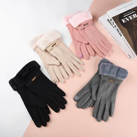Gants d'Hiver en Velours de Lapin pour Femmes Écran Tactile Chaud Épais Peluche Poignet en Fourrure Gants de Cyclisme de Conduite Accessoires Femme