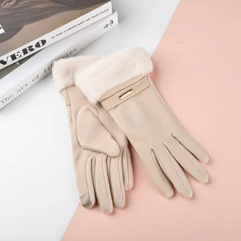 Gants d'Hiver en Velours de Lapin pour Femmes Écran Tactile Chaud Épais Peluche Poignet en Fourrure Gants de Cyclisme de Conduite Accessoires Femme