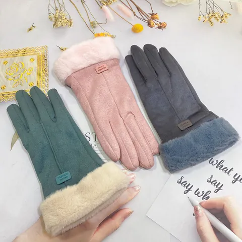 Women Winter Thermal Faux Suede Gloves Touchscreen Fleece Lined Warm Riding Gloves With Faux Fur Cuff Elegant Outdoor Mittens