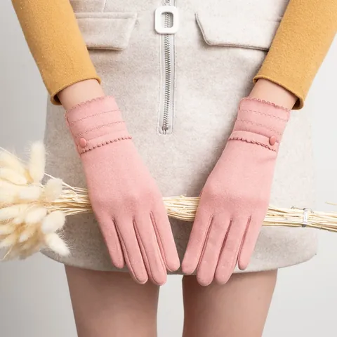 Women Winter Warm Knitted Rabbit Hair Plush Gloves Elegant Scalloped Edge Touchscreen Mittens With Decorative Buttons Thermal Outdoor Gloves