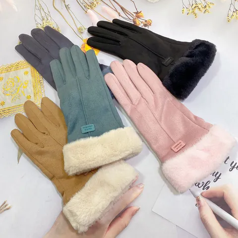 Women Winter Thermal Faux Suede Gloves Touchscreen Fleece Lined Warm Riding Gloves With Faux Fur Cuff Elegant Outdoor Mittens