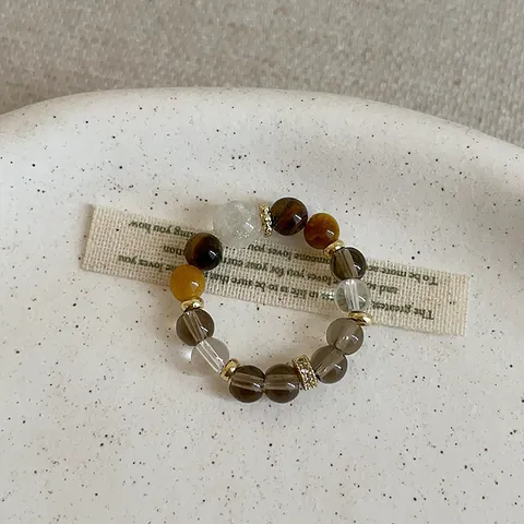 Vintage Tiger Eye Crystal Beaded Elastic Ring For Women Individual Fashion Gold Plated Metal Rhinestone Charm Stretch Finger Ring Jewelry