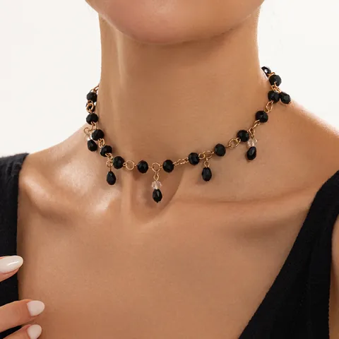 Vintage Gothic Cool Dark Style Water Drop Tassel Pendant Necklace Alloy Artificial Crystal Beaded Choker Women Party Jewelry