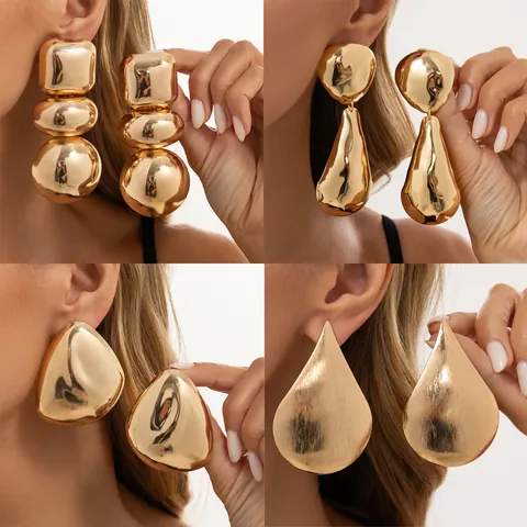 European American Exaggerated Geometric Mirror Stud Earrings Gold Silver Plated Waterdrop Oval Smooth Surface Metal Earrings