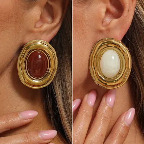 Orecchini a Bottone Ovali in Acciaio Inossidabile Vintage da Donna Placcati in Oro 18K Resina a Trama Marmo Geometrica Gioielli di Moda