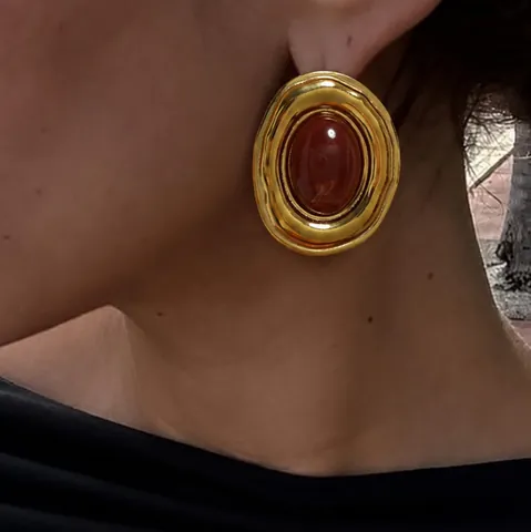 Orecchini a Bottone Ovali in Acciaio Inossidabile Vintage da Donna Placcati in Oro 18K Resina a Trama Marmo Geometrica Gioielli di Moda