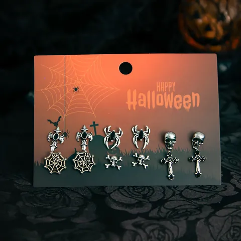 Gothic Altsilber Legierung Strass Ohrring Set Für Damen Totenkopf Fledermaus Spinnennetz Kreuz Ohrstecker Ohrringe Halloween Party Schmuck Geschenk