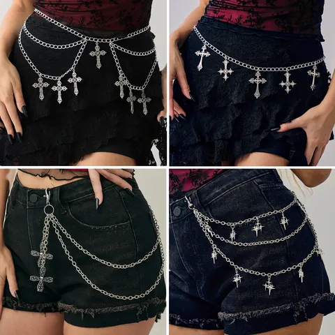 Gothic Cross Body Chain Punk Tassel Waist Chain Multi Layer Layered Metal Hip Hop Belt Jewelry For Women Dark Style Accessories