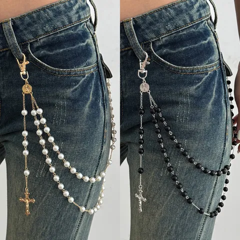 Hip Hop Double Layer Artificial Pearl Waist Chain Cross Pendant Alloy Gothic Jeans Chain For Men Women Body Jewelry