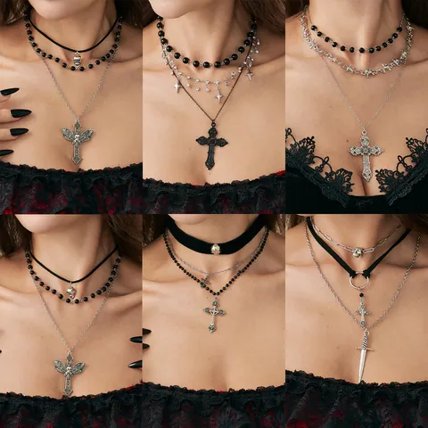 Gothic Dark Multi-Layer Pendant Necklace Set For Women Alloy Velvet Rhinestone Cross Skull Sword Choker Halloween Jewelry Gift