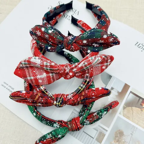 Serre-tête de Noël à Nœud Écossais pour Femmes à Bord Large Imprimé Flocons de Neige Accessoires Cheveux de Fête Cadeau