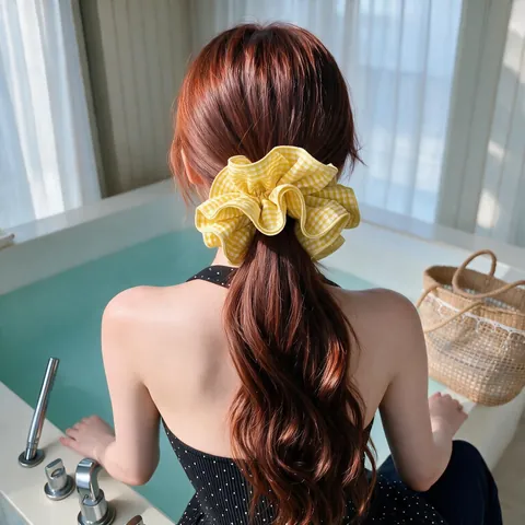 Chouchou à Carreaux de Style Coréen en Tissu Plissé Élastique Accessoires Cheveux Doux et Mignons pour Femmes Filles Usage Quotidien