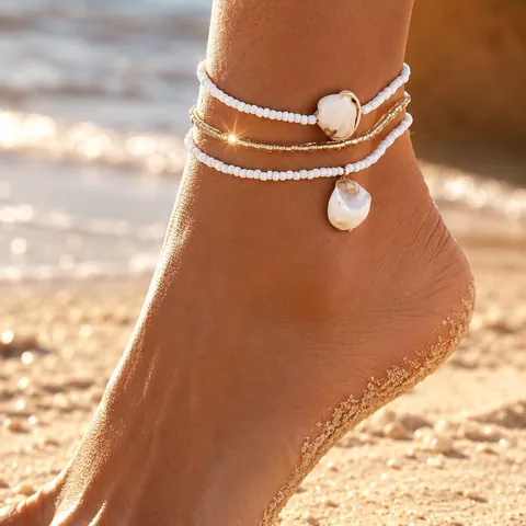 Bohemian Shell Artificial Pearl Anklet Set Colorful Glass Seed Bead Beach Foot Jewelry For Women Vacation Summer Accessory