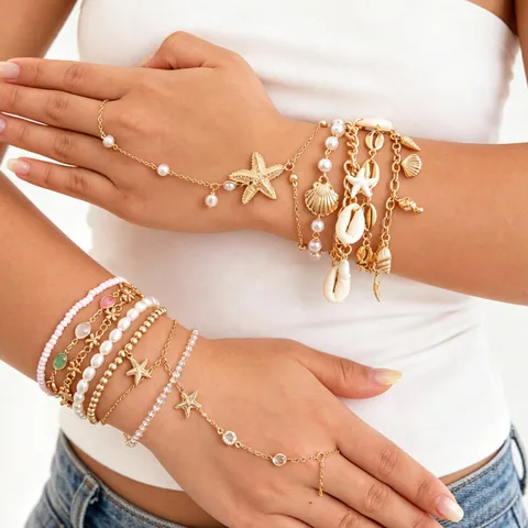 Conjunto de Pulsera de Mano Oceánica Bohemia con Estrella de Mar y Concha Chapado en Oro Strass Perla Artificial para Mujer