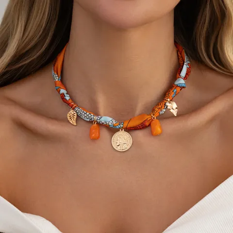 Bohemian Printed Scarf Necklace For Women Vintage Alloy Coin Pendant Resin Beads Adjustable Fabric Choker Vacation Jewelry