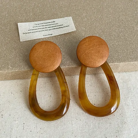 Exaggerated Geometric Oval Hollow Amber Resin Wooden Stud Earrings For Women Personality Vintage Alloy Fashion Jewelry Earring
